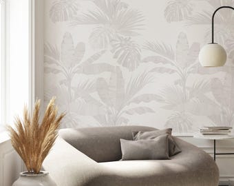 Oceanside Palm Leaves Mural Wall Covering | Grey | Peel and Stick or Unpasted Wallpaper Mural | Non-toxic