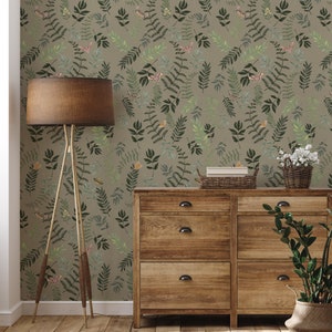 Floral Nights & Moth Flights Wall Covering | Moss Green | Peel &#39;n Stick or Unpasted Wallpaper Mural | Non-toxic