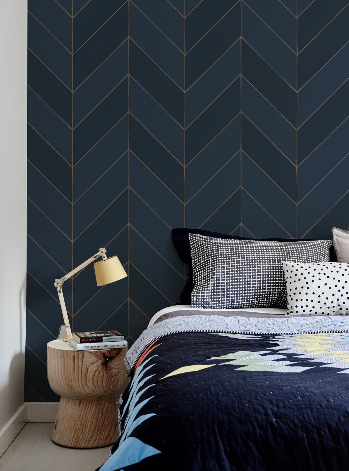 Gold Lines Chevron Wallpaper Navy Repositionable Wallpaper Etsy