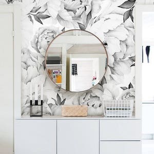 Peony Flower Mural Wallpaper, Black and White, Watercolor Peony Extra Large Wall Art, Peel and Stick Wall Mural image 2