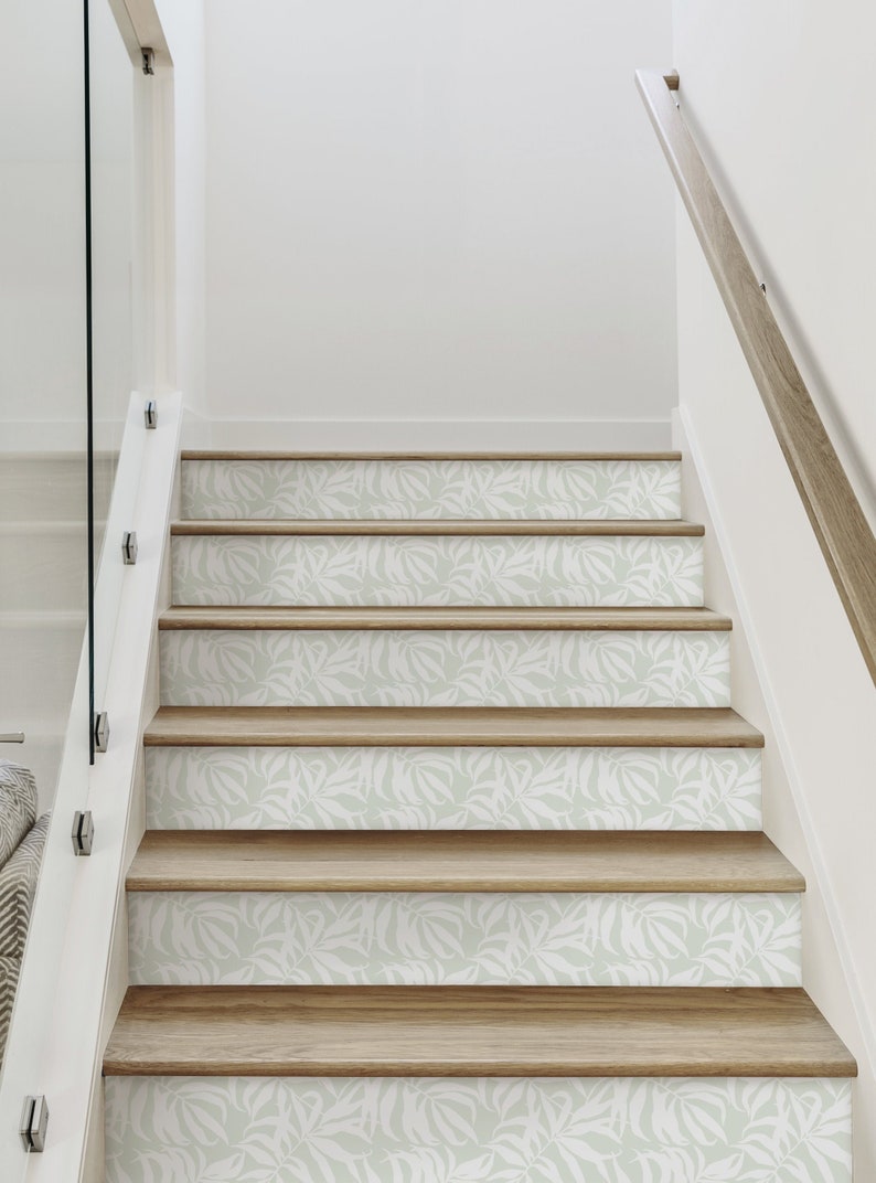 Tropical Palm Leaves, Sage, Repositionable Stair Riser Strip image 1