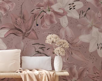 Tiger Lily Mural Wall Covering | Rosy Brown | Peel and Stick or Unpasted Wallpaper Mural | Non-toxic