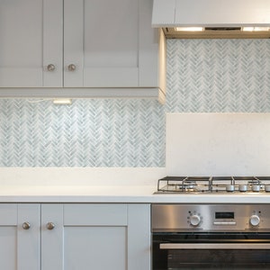 Watercolor Herringbone, Misty Blue,   Peel and Stick Backsplash Wallpaper