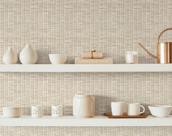 Revestimiento de pared con aspecto de tejido de ratán / Lavado blanco / Mural de papel tapiz despegable y adhesivo o sin pegar / No tóxico
