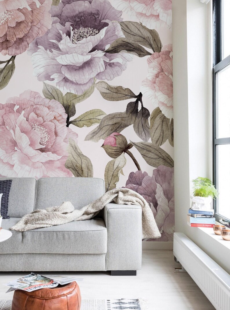 Watercolor Bloom Floral Wallpaper Mural Wall Covering | Pink and Purple ...
