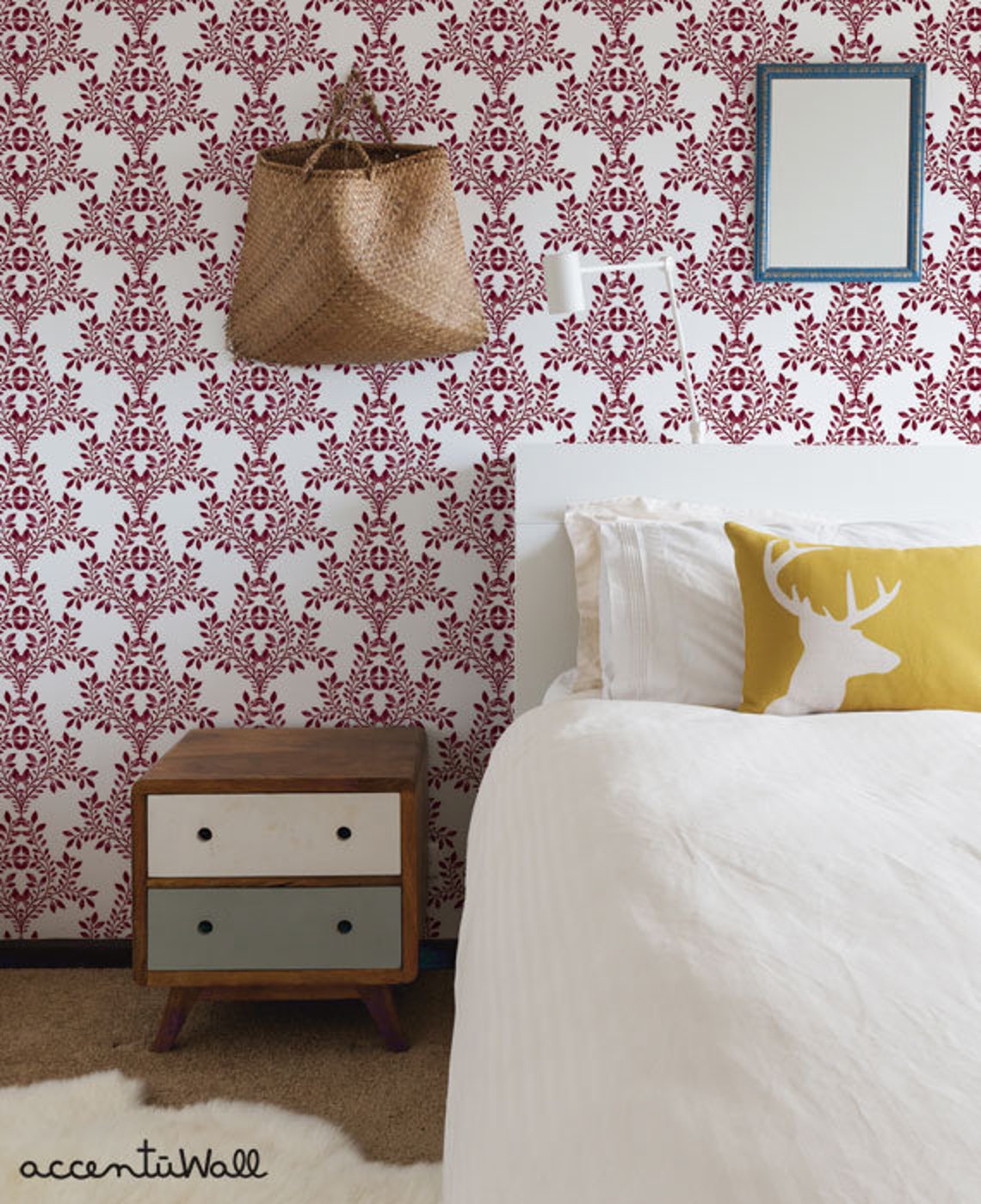 Damask Leaves Wallpaper Red Peel & Stick Fabric Wallpaper Etsy