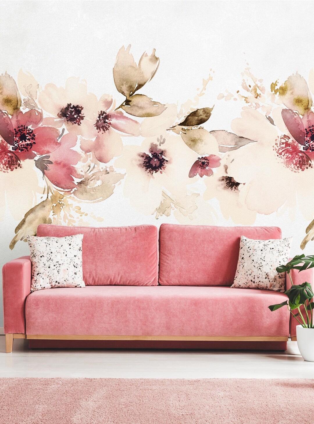 Watercolor Floral Mural Wall Covering | Red Flower | Peel and Stick or ...