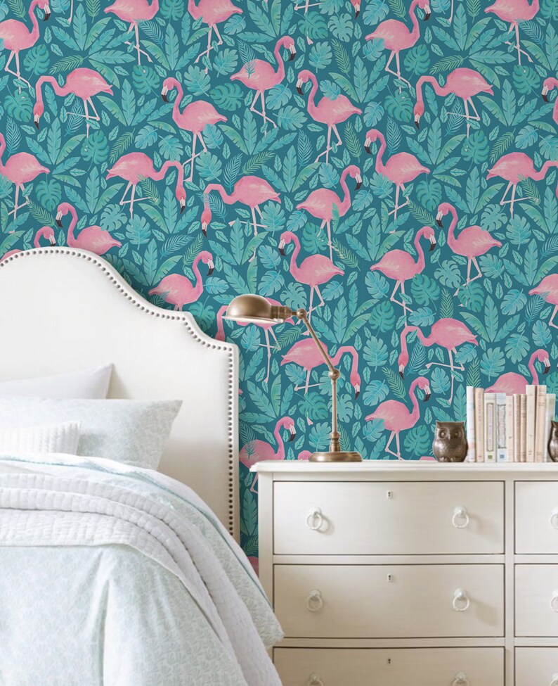 Tropical Flamingo Pink Teal Peel & Stick Fabric Wallpaper | Etsy