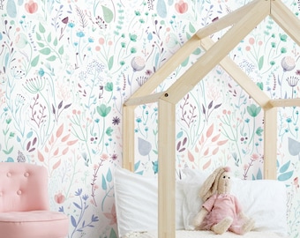 Watercolor Wildflower Mural Wall Covering | Pink Mint Teal Purple Grey | Peel and Stick or Unpasted Wallpaper Mural | Non-toxic