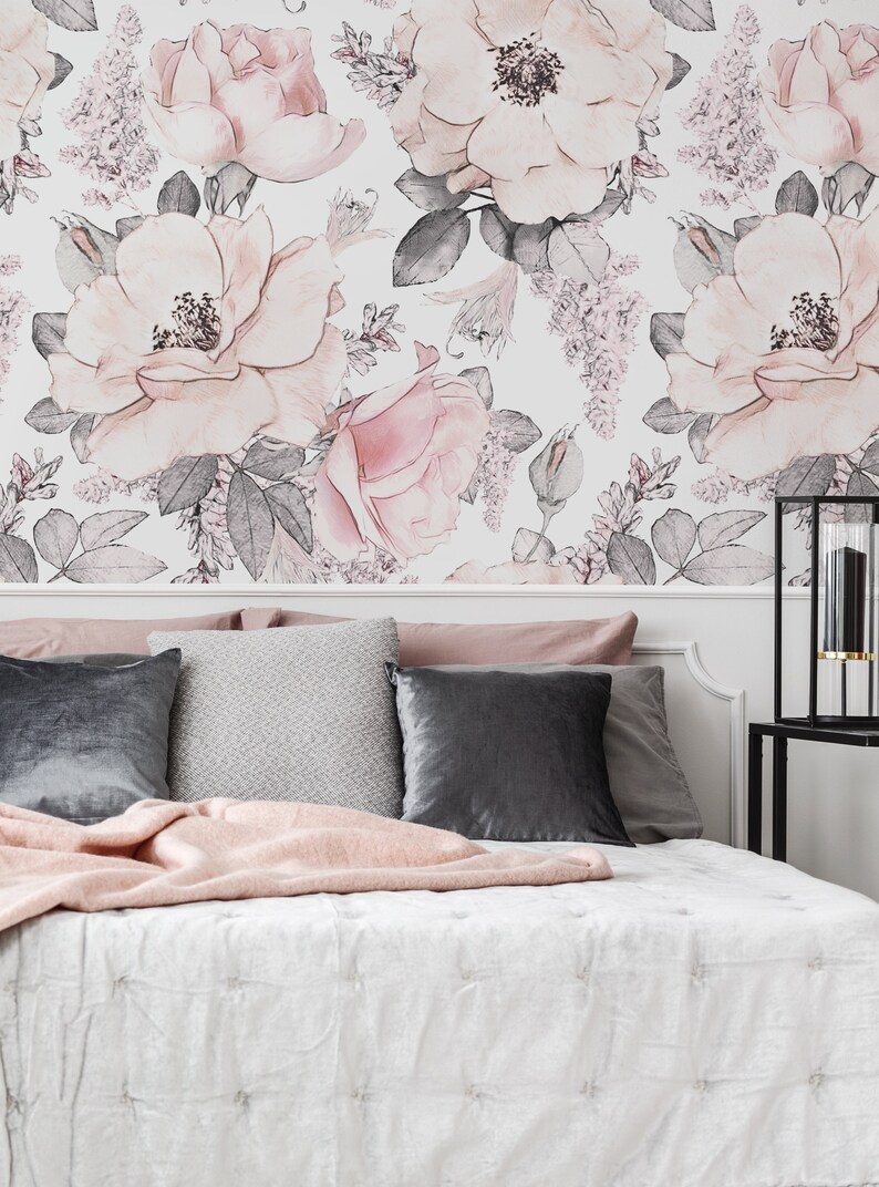 Blush Flowers Mural Wallpaper Pink Peel and Stick Wall Mural - Etsy