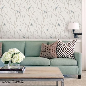 Branch Birds Wall Covering | Blue Beige | Peel and Stick or Unpasted Wallpaper Mural | Non-toxic
