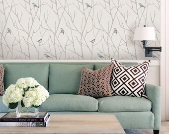 Branch Birds Wall Covering | Blue Beige | Peel &#39;n Stick or Unpasted Wallpaper Mural | Non-toxic