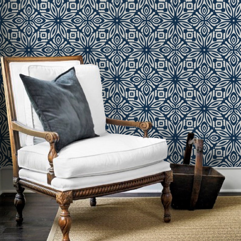 Geo Flowers Navy Peel & Stick Fabric Wallpaper Repositionable Etsy