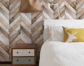 Chevron Wood Herringbone Wallpaper | Brown Tan Beige Grey Wall Covering (Peel and Stick/Unpasted)