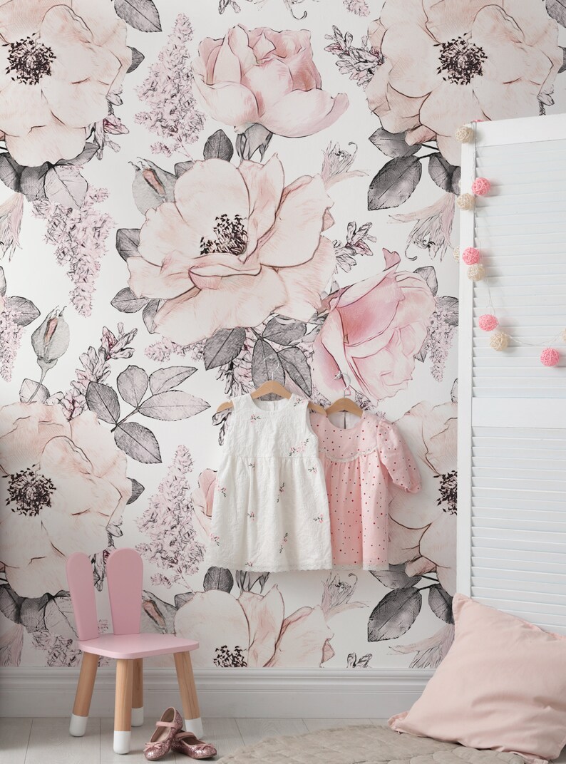 Blush Flowers Mural Wallpaper Pink Peel and Stick Wall Mural - Etsy