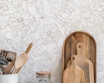 Revêtement mural fleurs dessinées à la main de jardin botanique | Gris | Papier peint autocollant ou non collé | Non toxique