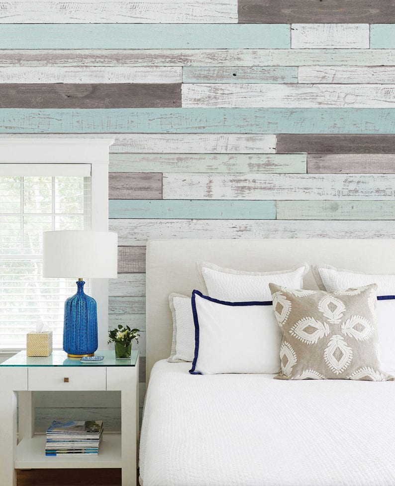 Reclaimed Painted Beach Wood Mural Wallpaper, Beach Wood, Wood Extra Large Wall Art, Peel and Stick Wall Mural image 2