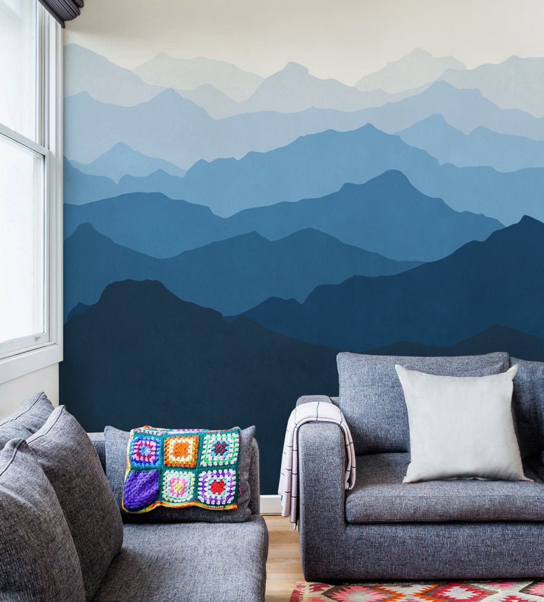 Mountain Mural Wallpaper Ocean Blue Ombre Mountain Extra Etsy UK