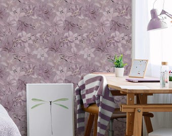 Tiger Lily Wall Covering | Dusty Lavender | Peel and Stick or Unpasted Wallpaper Mural | Non-toxic