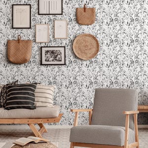 Watercolor Foliage Wall Covering | Black and White | Peel and Stick or Unpasted Wallpaper Mural | Non-toxic image 4