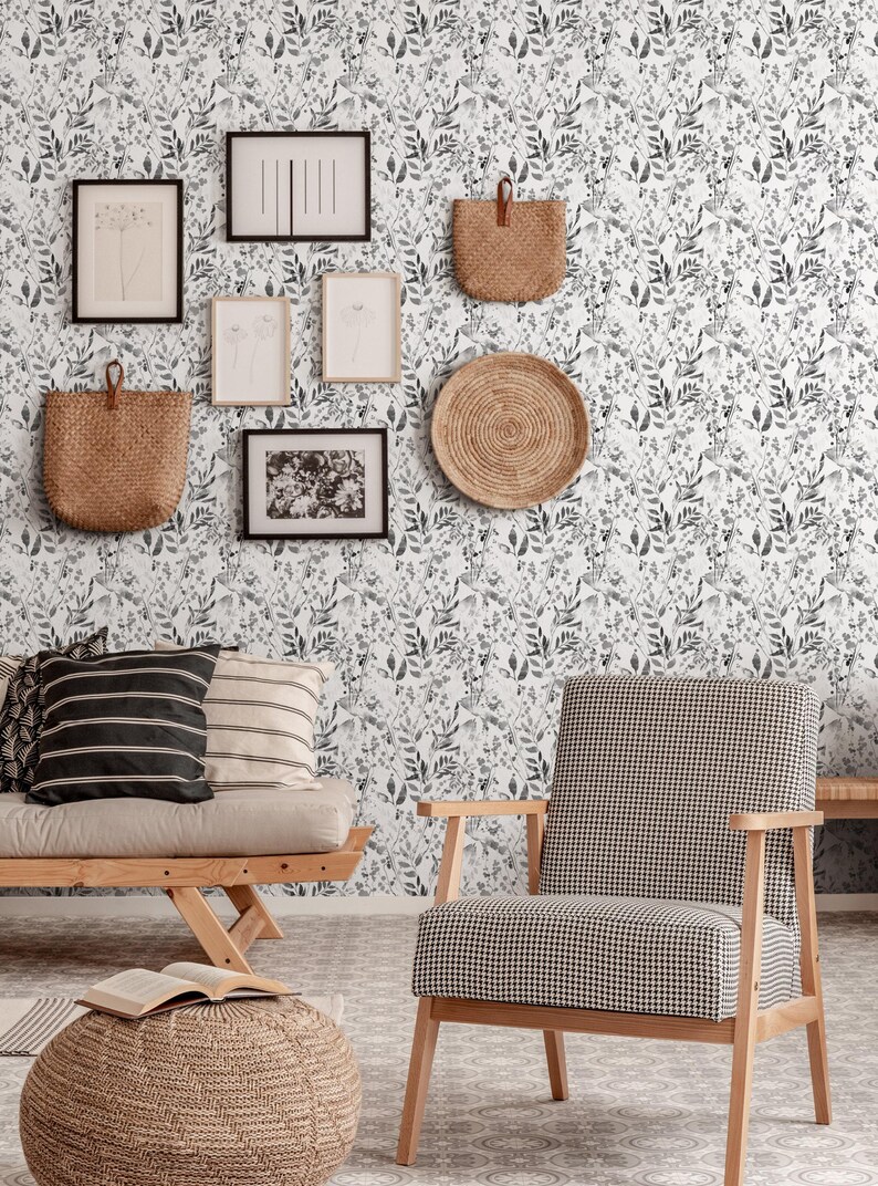 Watercolor Foliage Wall Covering | Black and White | Peel and Stick or Unpasted Wallpaper Mural | Non-toxic image 4