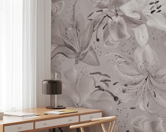 Tiger Lily Mural Wall Covering | Dove Grey | Peel and Stick or Unpasted Wallpaper Mural | Non-toxic