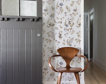 Mushroom Meadows Wall Covering | Winter Grey | Peel and Stick or Unpasted Wallpaper Mural | Non-toxic