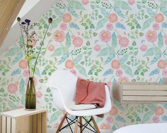 Spring Garden Flowers Wall Covering | Pink | Peel and Stick or Unpasted Wallpaper Mural | Non-toxic