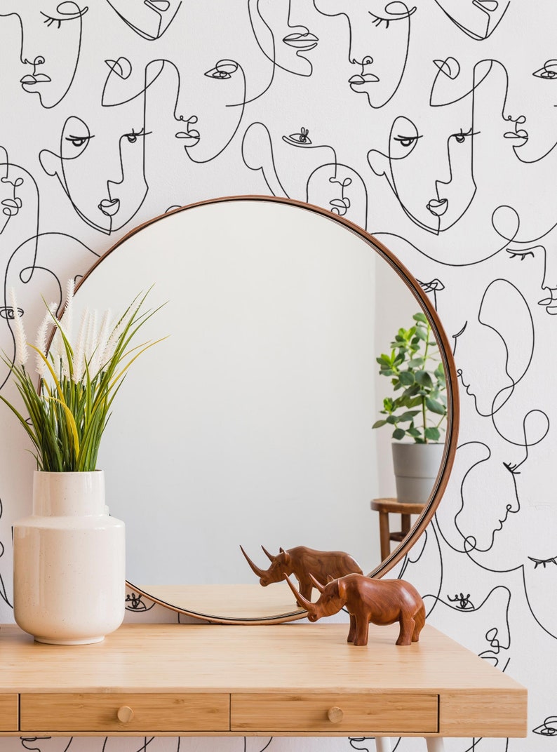 Minimalist Faces Line Art Black Peel & Stick Fabric Wallpaper Etsy