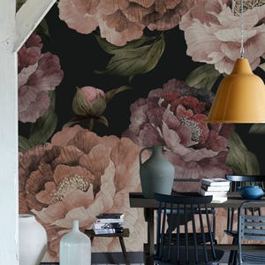 Bloom Flower Mural Wallpaper, Dark, Watercolor Floral Wall Art,  Wall Mural
