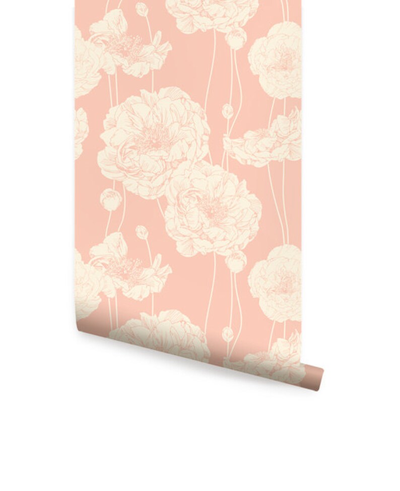 Peony Coral Pink Peel & Stick Fabric Wallpaper Repositionable Etsy
