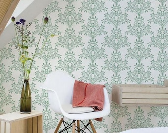 Damask Leaves Wall Covering | Watercolor Nature Green on White | Peel and Stick or Unpasted Wallpaper Mural | Non-toxic
