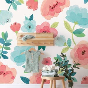 Kids Watercolor Flower, Coral Mint,  Wall Mural