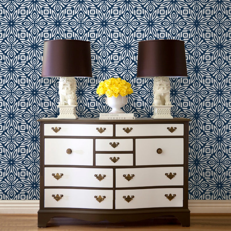 Geo Flowers Navy Peel & Stick Fabric Wallpaper Repositionable Etsy