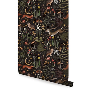 Mushroom Magic Forest Wall Covering |  Fairy-tale Forest Moon and Stars Night | Peel 'n Stick or Unpasted Wallpaper Mural | Non-toxic