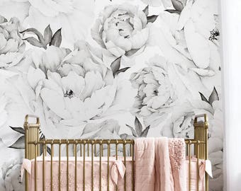 Peony Flower Mural Wallpaper, Black and White, Watercolor Peony Extra Large Wall Art, Peel and Stick Wall Mural