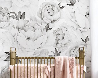 Peony Flower Mural Wallpaper, Black and White, Watercolor Peony Extra Large Wall Art, Peel and Stick Wall Mural