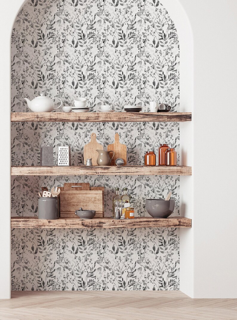 Watercolor Foliage Wall Covering | Black and White | Peel and Stick or Unpasted Wallpaper Mural | Non-toxic image 3