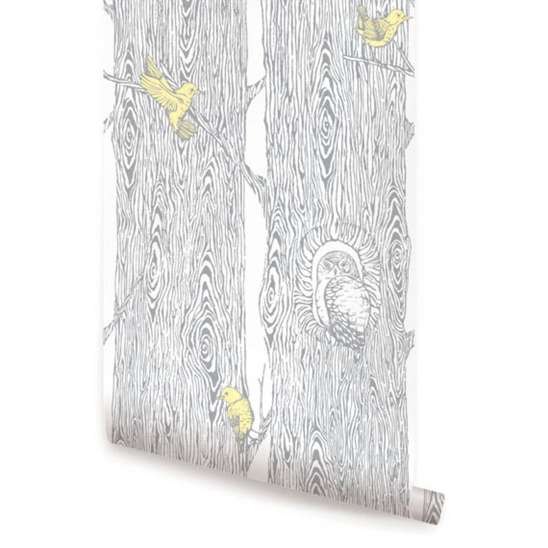 Forest Cool Grey / Yellow Peel & Stick Fabric Wallpaper Etsy