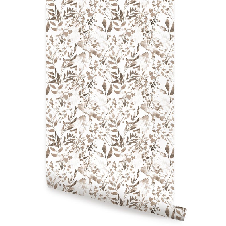 Watercolor Foliage Wall Covering | Brown | Peel and Stick or Unpasted Wallpaper Mural | Non-toxic image 6