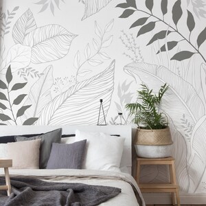 Hand Drawn Floral Leaves Mural Wall Covering | Grey | Peel and Stick or Unpasted Wallpaper Mural | Non-toxic image 4