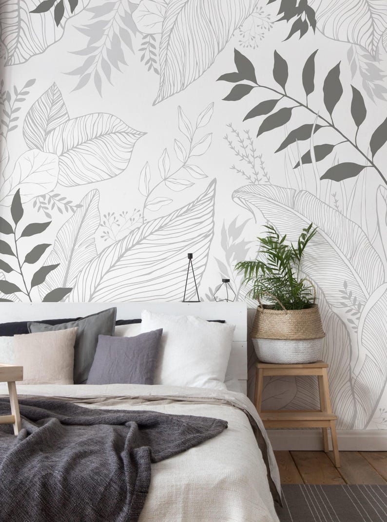 Hand Drawn Floral Leaves Mural Wall Covering | Grey | Peel and Stick or Unpasted Wallpaper Mural | Non-toxic image 4