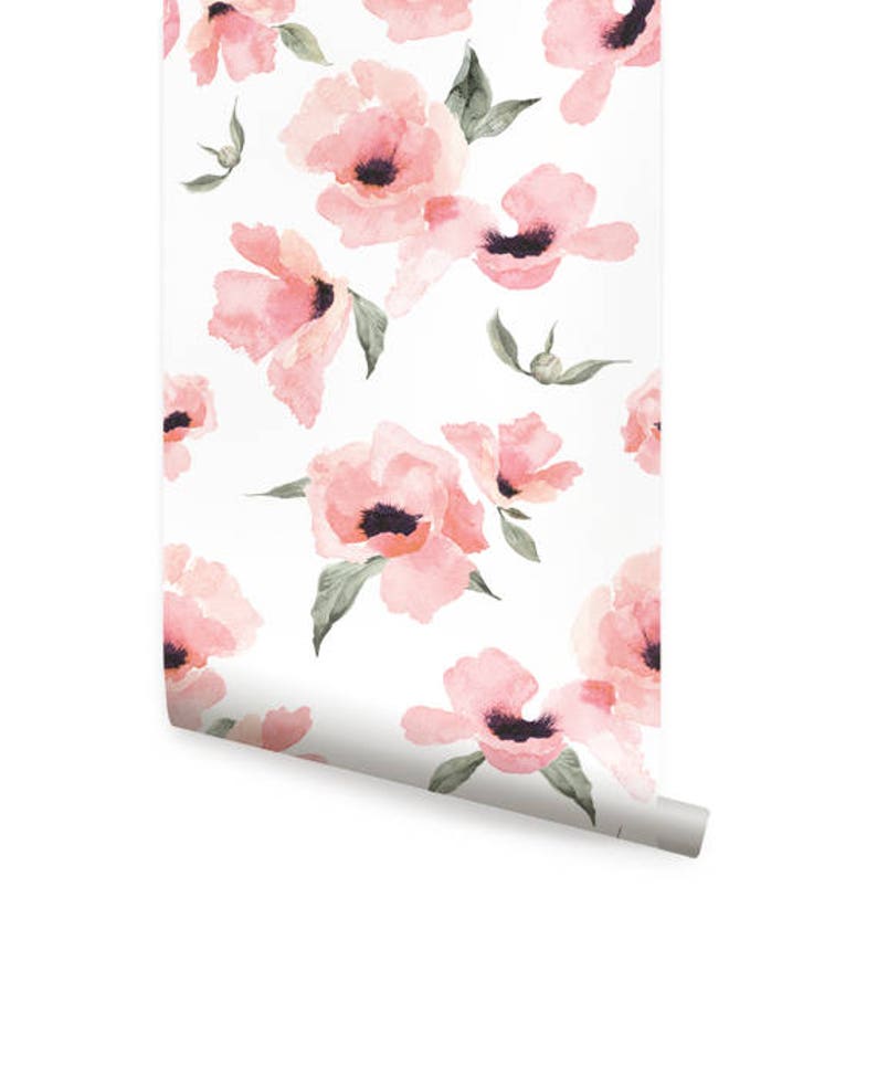 Floral Wallpaper Watercolor Poppy Flowers Pink, Peel & Stick Wallpaper Repositionable image 1