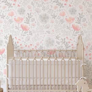 Whimsy Floral Watercolor Mural Wallpaper, Coral Grey,  Wall Mural