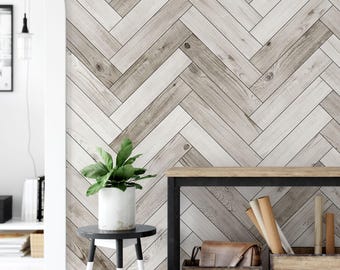 Herringbone Barn Wood Planks Mural Wall Covering | Whitewashed Accent | Peel and Stick or Unpasted Wallpaper Mural | Non-toxic