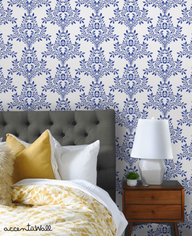 Damask Leaves Wallpaper Royal Blue Peel & Stick Fabric Etsy