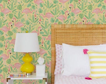 Tropical Flamingo Wall Covering | Coral Yellow | Peel and Stick or Unpasted Wallpaper Mural | Non-toxic