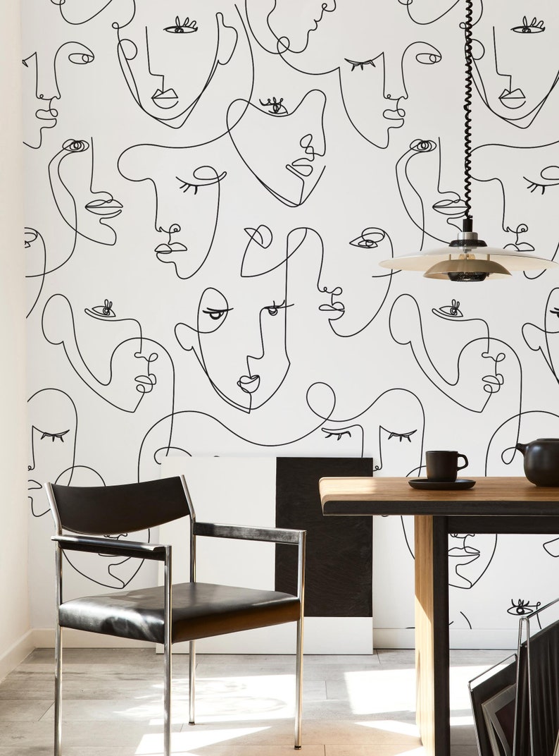 Minimalist Face Line Art Mural Wallpaper Black Peel and - Etsy Ireland