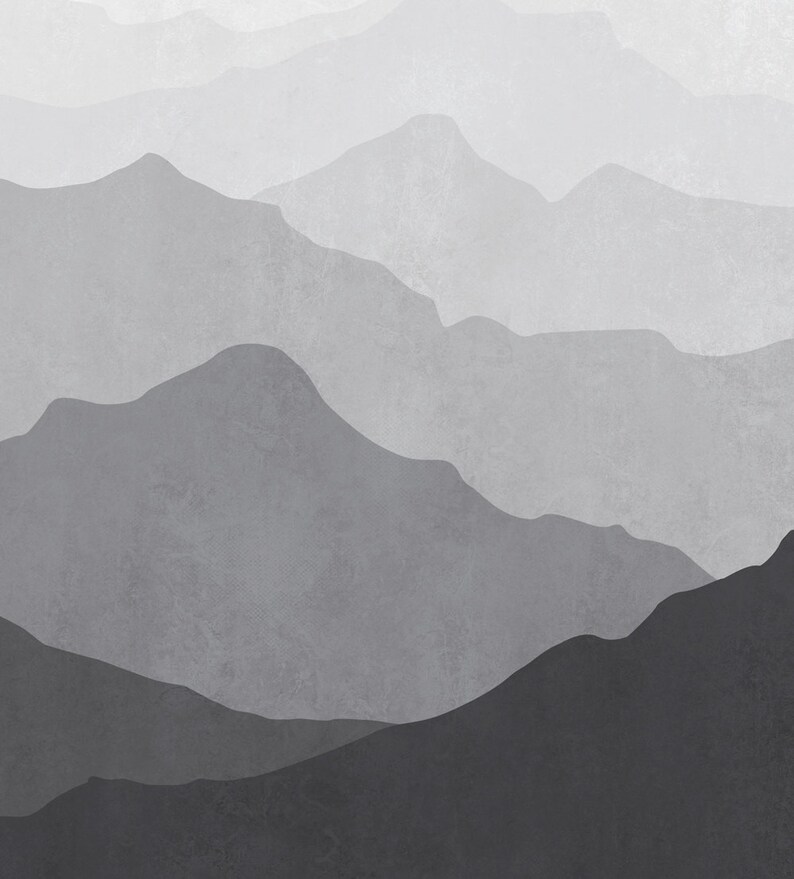 Mountain Mural Wallpaper Black and White Grey Ombre Mountain Etsy