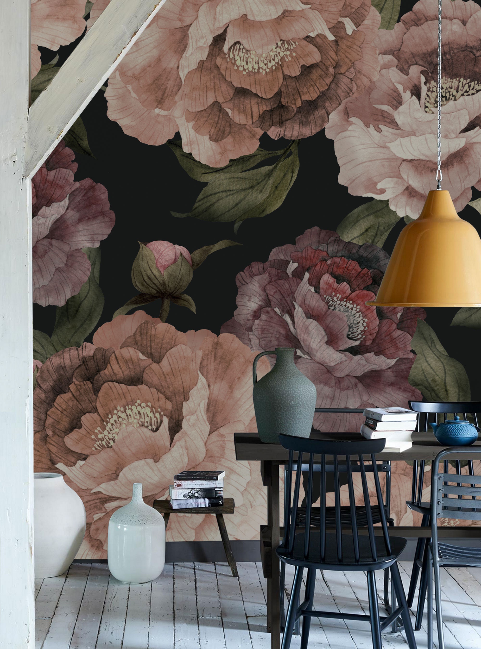 Bloom Flower Mural Wallpaper Dark Watercolor Floral Wall Etsy